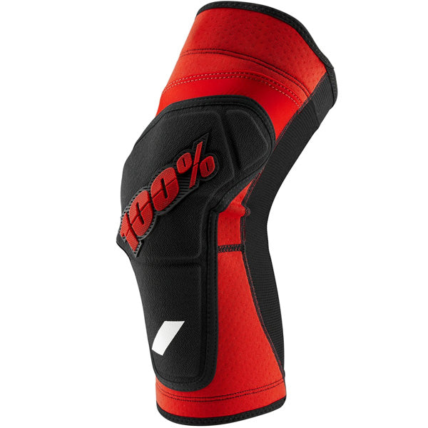 Detailed studio photograph of 100%, Ridecamp Knee Guards (MTB), Knee & Shin, SKU 27040592, color options Grey Heather/Black, Red/Black, Black/Grey, sizes S–XL, Designed for Mountain Bike, BMX and E-Bike riders