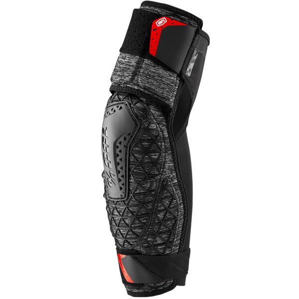 High-resolution studio image of 100%, Surpass Elbow Guards (MTB), SKU 27060264, color options Grey Heather/Black, Black, sizes S–XL, Designed for Mountain Bike, BMX and E-Bike riders