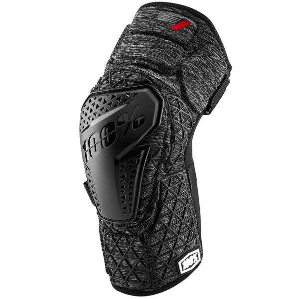 Studio product photo on a neutral background of 100%, Surpass Knee Guards (MTB), Knee & Shin, SKU 27040576, color options Charcoal Heather, Black, sizes S–XL, Designed for Mountain Bike, BMX and E-Bike riders