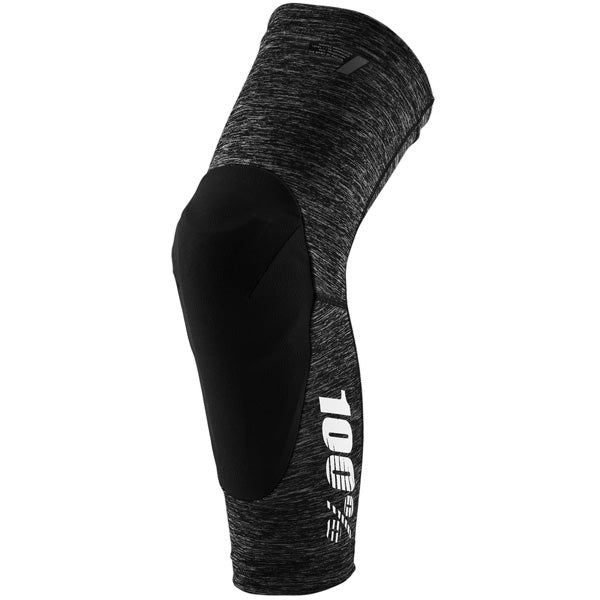 Studio photo showcasing 100%, Teratec Knee Guards (MTB), Knee & Shin, SKU 27040584, color options Grey Heather/Black, Black, sizes S–XL, Designed for Mountain Bike, BMX and E-Bike riders