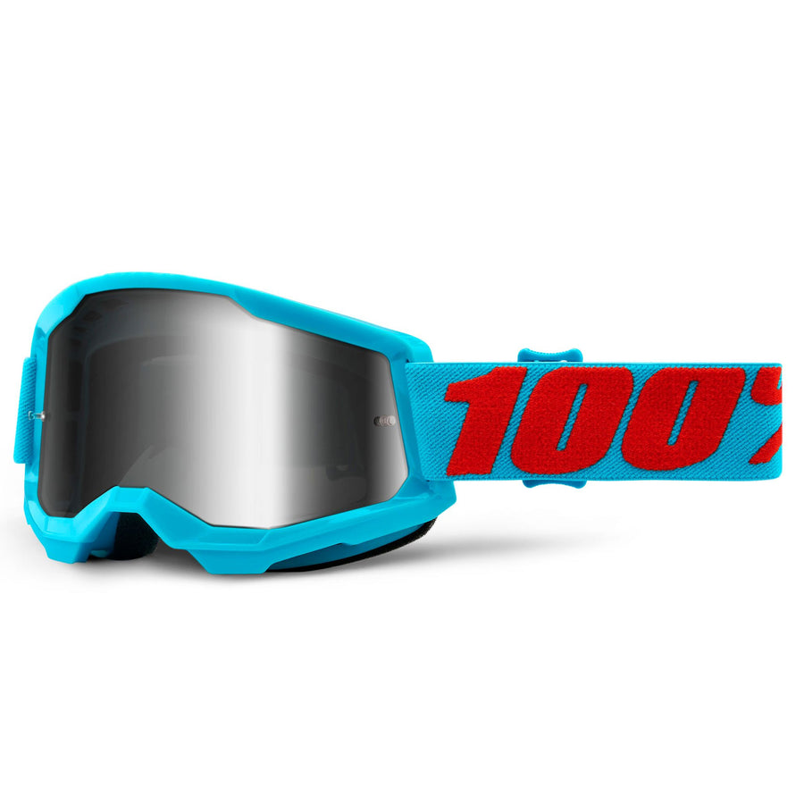 Studio photo showcasing 100%, Strata 2.0 Goggle Sale (Mirror Lens), Goggles, SKU 26012944, color options Summit, Mirror Silver Lens, Solar Eclipse, True Gold Mirror Lens