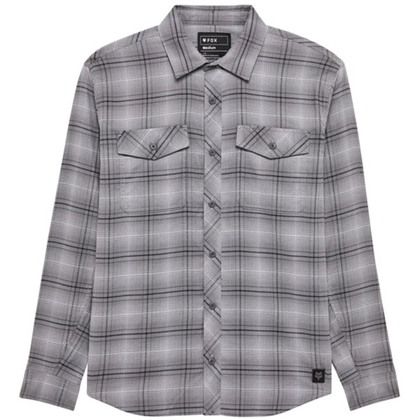 Fox Racing Survivalist Stretch Flannel SKU 36462 Light Grey front view showing checked pattern and Fox Racing branding