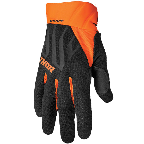 Product image of Thor 22 draft glove black orange front motocross gloves showing fit, construction, and colorway | Available at BTO Sports