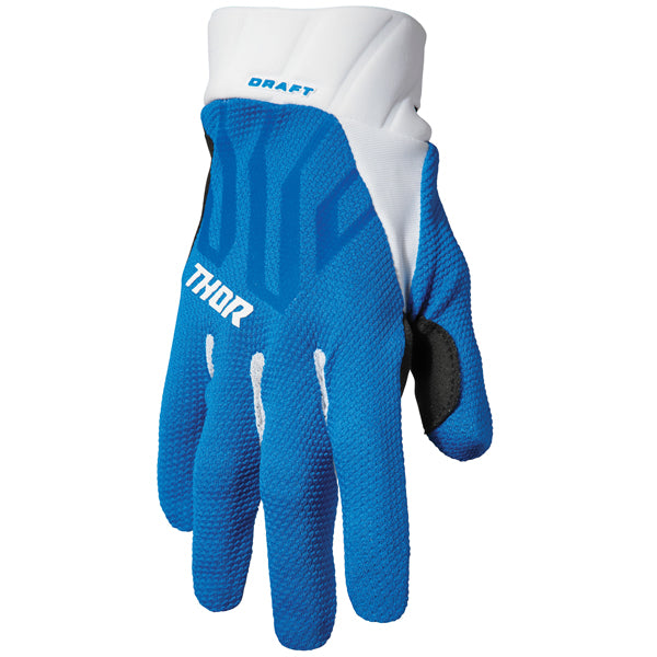 Product image of Thor 22 draft glove blue white front c35895fa bef1 4a60 bf9d a28738bc2b29 motocross gloves showing fit, construction, and colorway | Available at BTO Sports