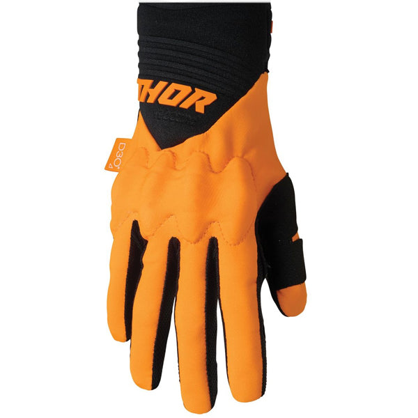 Product image of Thor 22 rebound glove flo orange black front dff5f9cd 11ba 4d2a 901d 6d97c604fe motocross gloves showing fit, construction, and colorway | Available at BTO Sports