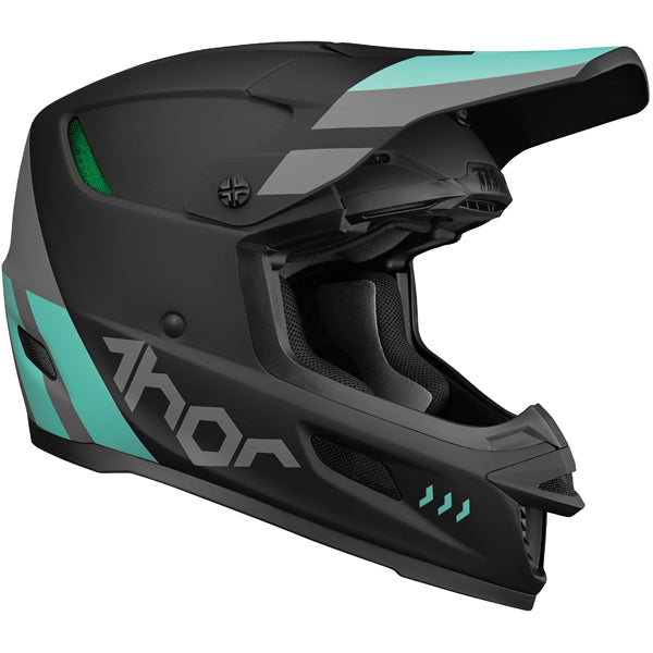 Three-quarter view of Thor - Reflex Cube Mips Helmet helmet helmet, in RED and BLACK, vented chin bar and intake ports, on a clean white background, (SKU 011074) Colors: BLACK and MINT, LIGHT GRAY and ORANGE, RED and BLACK Sizes: 2XL, LG, MD, SM, XL, XS