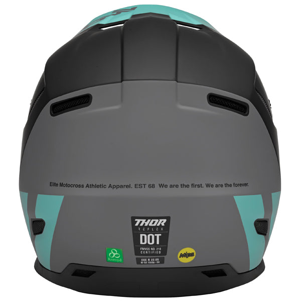 Studio view of Thor - Reflex Cube Mips Helmet helmet helmet, in BLACK and MINT, vented chin bar and intake ports, on a clean white background, (SKU 011074) Colors: BLACK and MINT, LIGHT GRAY and ORANGE, RED and BLACK Sizes: 2XL, LG, MD, SM, XL, XS