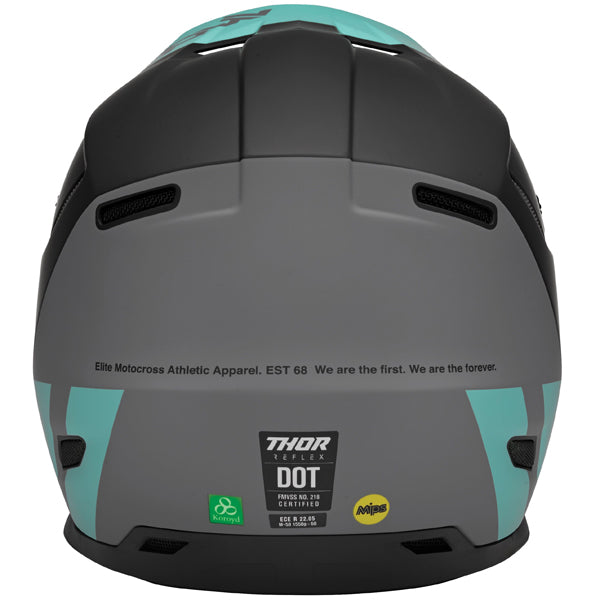 Studio view of Thor - Reflex Cube Mips Helmet helmet helmet, in BLACK and MINT, vented chin bar and intake ports, on a clean white background, (SKU 011074) Colors: BLACK and MINT, LIGHT GRAY and ORANGE, RED and BLACK Sizes: 2XL, LG, MD, SM, XL, XS