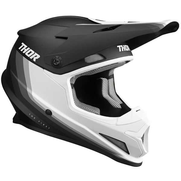 Studio view of Thor - Sector Runner Mips Helmet helmet helmet, in Navy and White, vented chin bar and intake ports, on a clean white background, (SKU 011072) Colors: Black and White, Gray and Teal, Navy and White, Red and Blue Sizes: 2XL, LG, MD, SM, XL, XS