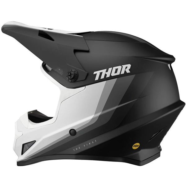 Studio view of Thor - Sector Runner Mips Helmet helmet helmet, in Navy and White, vented chin bar and intake ports, on a clean white background, (SKU 011072) Colors: Black and White, Gray and Teal, Navy and White, Red and Blue Sizes: 2XL, LG, MD, SM, XL, XS