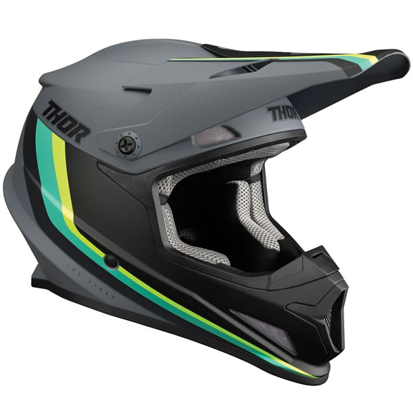Studio view of Thor - Sector Runner Mips Helmet helmet helmet, in Gray and Teal, vented chin bar and intake ports, on a clean white background, (SKU 011072) Colors: Black and White, Gray and Teal, Navy and White, Red and Blue Sizes: 2XL, LG, MD, SM, XL, XS