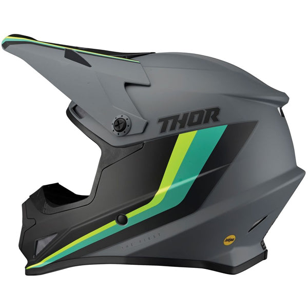 Studio view of Thor - Sector Runner Mips Helmet helmet helmet, in Gray and Teal, vented chin bar and intake ports, on a clean white background, (SKU 011072) Colors: Black and White, Gray and Teal, Navy and White, Red and Blue Sizes: 2XL, LG, MD, SM, XL, XS