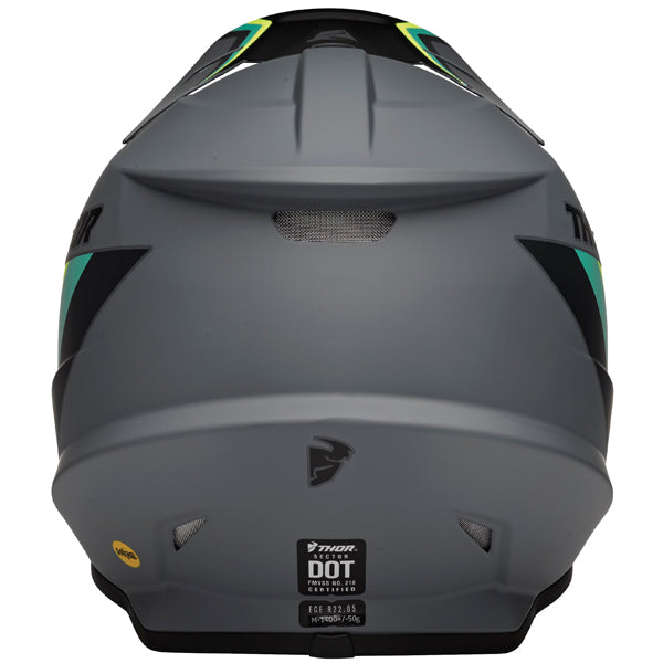 Three-quarter view of Thor - Sector Runner Mips Helmet helmet helmet, in Gray and Teal, vented chin bar and intake ports, on a clean white background, (SKU 011072) Colors: Black and White, Gray and Teal, Navy and White, Red and Blue Sizes: 2XL, LG, MD, SM, XL, XS