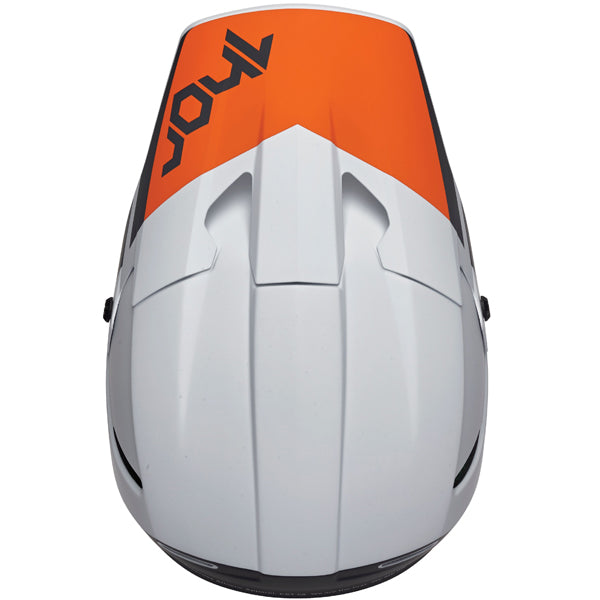 Studio view of Thor - Reflex Cube Mips Helmet helmet helmet, in LIGHT GRAY and ORANGE, vented chin bar and intake ports, on a clean white background, (SKU 011074) Colors: BLACK and MINT, LIGHT GRAY and ORANGE, RED and BLACK Sizes: 2XL, LG, MD, SM, XL, XS