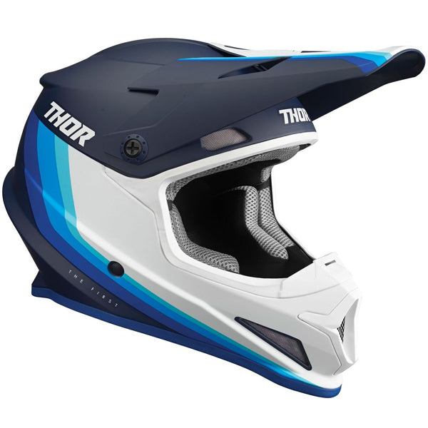 Studio view of Thor - Sector Runner Mips Helmet helmet helmet, in Gray and Teal, vented chin bar and intake ports, on a clean white background, (SKU 011072) Colors: Black and White, Gray and Teal, Navy and White, Red and Blue Sizes: 2XL, LG, MD, SM, XL, XS