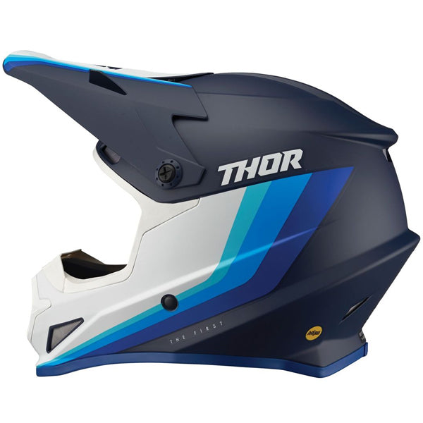 Studio view of Thor - Sector Runner Mips Helmet helmet helmet, in Gray and Teal, vented chin bar and intake ports, on a clean white background, (SKU 011072) Colors: Black and White, Gray and Teal, Navy and White, Red and Blue Sizes: 2XL, LG, MD, SM, XL, XS