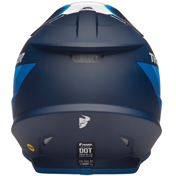 Studio view of Thor - Sector Runner Mips Helmet helmet helmet, in Navy and White, vented chin bar and intake ports, on a clean white background, (SKU 011072) Colors: Black and White, Gray and Teal, Navy and White, Red and Blue Sizes: 2XL, LG, MD, SM, XL, XS