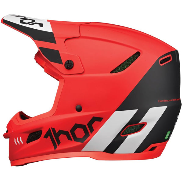 Studio view of Thor - Reflex Cube Mips Helmet helmet helmet, in RED and BLACK, vented chin bar and intake ports, on a clean white background, (SKU 011074) Colors: BLACK and MINT, LIGHT GRAY and ORANGE, RED and BLACK Sizes: 2XL, LG, MD, SM, XL, XS