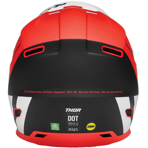 Studio view of Thor - Reflex Cube Mips Helmet helmet helmet, in RED and BLACK, vented chin bar and intake ports, on a clean white background, (SKU 011074) Colors: BLACK and MINT, LIGHT GRAY and ORANGE, RED and BLACK Sizes: 2XL, LG, MD, SM, XL, XS