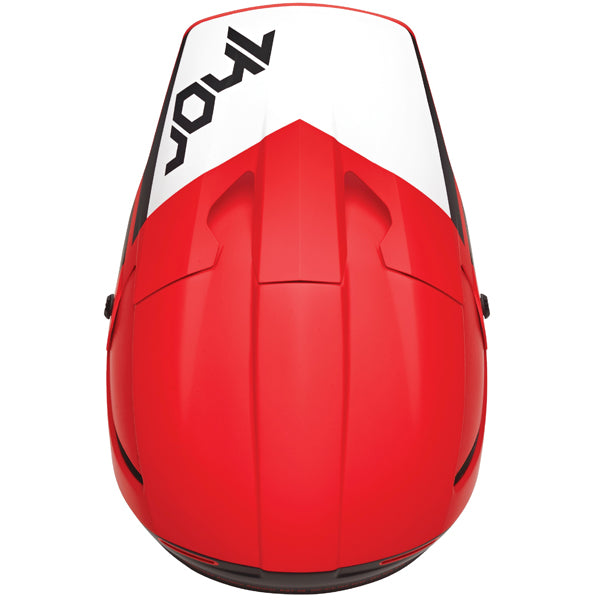 Studio view of Thor - Reflex Cube Mips Helmet helmet helmet, in RED and BLACK, vented chin bar and intake ports, on a clean white background, (SKU 011074) Colors: BLACK and MINT, LIGHT GRAY and ORANGE, RED and BLACK Sizes: 2XL, LG, MD, SM, XL, XS