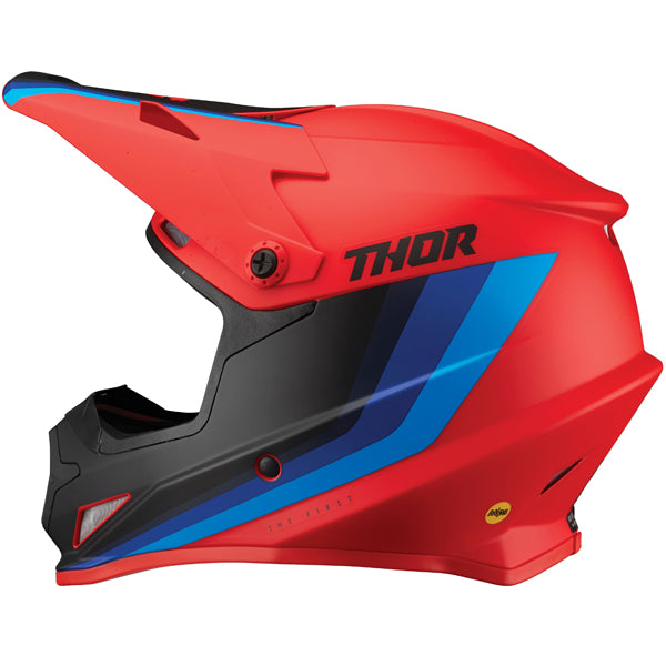 Studio view of Thor - Sector Runner Mips Helmet helmet helmet, in Red and Blue, vented chin bar and intake ports, on a clean white background, (SKU 011072) Colors: Black and White, Gray and Teal, Navy and White, Red and Blue Sizes: 2XL, LG, MD, SM, XL, XS