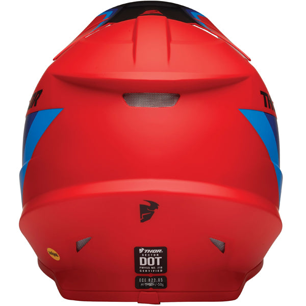 Studio view of Thor - Sector Runner Mips Helmet helmet helmet, in Red and Blue, vented chin bar and intake ports, on a clean white background, (SKU 011072) Colors: Black and White, Gray and Teal, Navy and White, Red and Blue Sizes: 2XL, LG, MD, SM, XL, XS