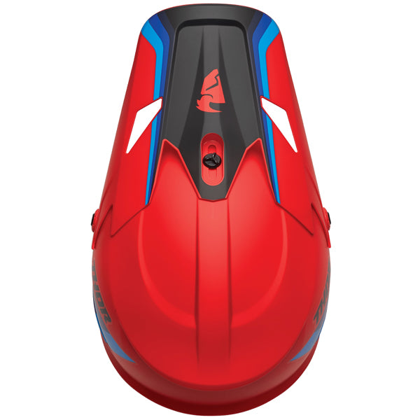 Studio view of Thor - Sector Runner Mips Helmet helmet helmet, in Red and Blue, vented chin bar and intake ports, on a clean white background, (SKU 011072) Colors: Black and White, Gray and Teal, Navy and White, Red and Blue Sizes: 2XL, LG, MD, SM, XL, XS