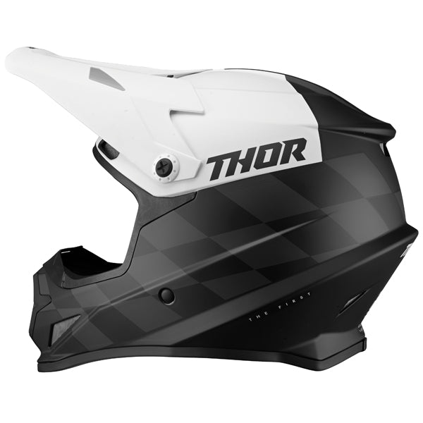 Studio view of Thor - Sector Birdrock Helmet helmet helmet, in Black and White, vented chin bar and intake ports, on a clean white background, (SKU 011073) Colors: Black and White, Gray and Acid Sizes: 2XL, LG, MD, SM, XL, XS
