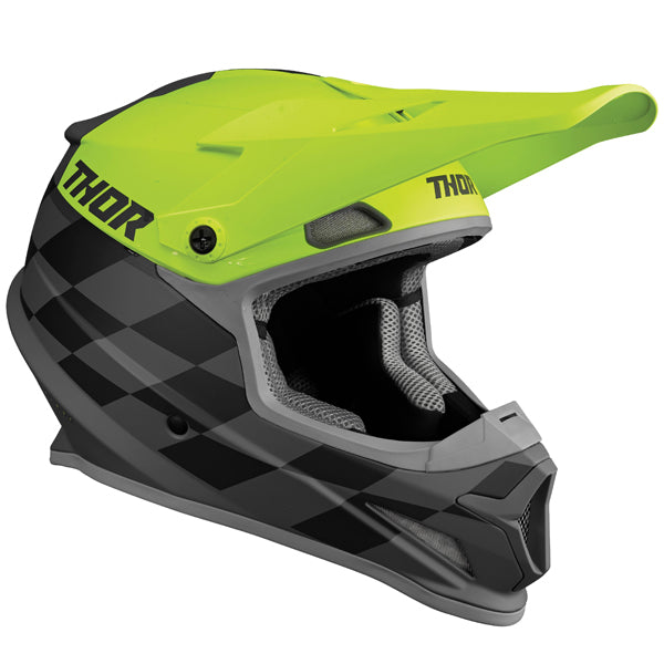 Studio view of Thor - Sector Birdrock Helmet helmet helmet, in Gray and Acid, vented chin bar and intake ports, on a clean white background, (SKU 011073) Colors: Black and White, Gray and Acid Sizes: 2XL, LG, MD, SM, XL, XS