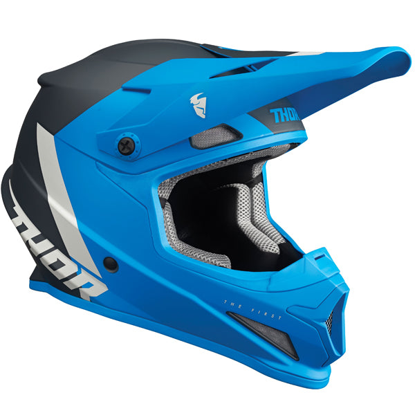 Studio view of Thor - Sector Chev Helmet helmet helmet, in Blue and Light Gray, vented chin bar and intake ports, on a clean white background, (SKU 011073) Colors: Blue and Light Gray, Charcoal and Orange, Gray and Black, Red and Navy Sizes: 2XL, 3XL, 4XL, LG, MD, SM, XL, XS