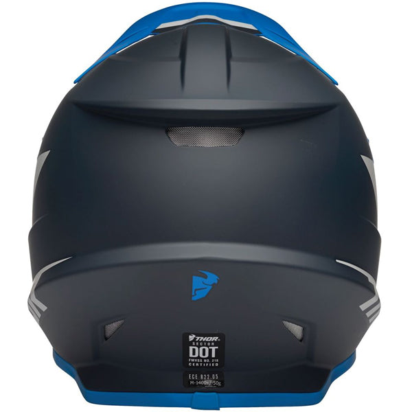 Studio view of Thor - Sector Chev Helmet helmet helmet, in Red and Navy, vented chin bar and intake ports, on a clean white background, (SKU 011073) Colors: Blue and Light Gray, Charcoal and Orange, Gray and Black, Red and Navy Sizes: 2XL, 3XL, 4XL, LG, MD, SM, XL, XS