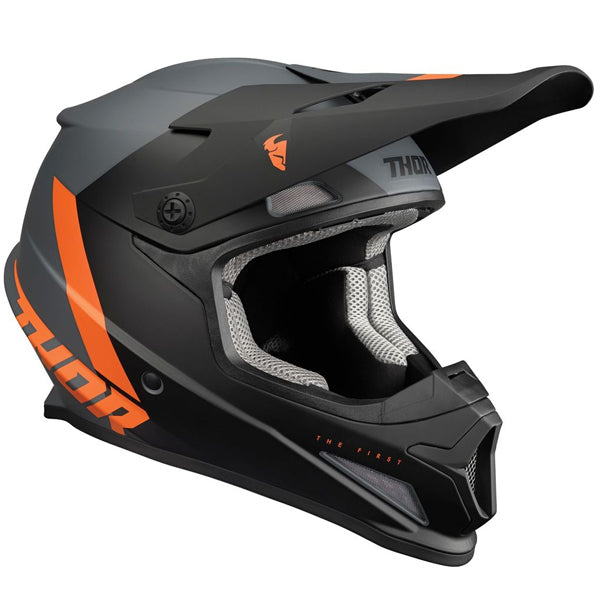 Studio view of Thor - Sector Chev Helmet helmet helmet, in Blue and Light Gray, vented chin bar and intake ports, on a clean white background, (SKU 011073) Colors: Blue and Light Gray, Charcoal and Orange, Gray and Black, Red and Navy Sizes: 2XL, 3XL, 4XL, LG, MD, SM, XL, XS