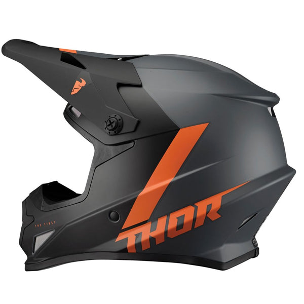 Studio view of Thor - Sector Chev Helmet helmet helmet, in Blue and Light Gray, vented chin bar and intake ports, on a clean white background, (SKU 011073) Colors: Blue and Light Gray, Charcoal and Orange, Gray and Black, Red and Navy Sizes: 2XL, 3XL, 4XL, LG, MD, SM, XL, XS