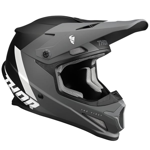 Studio view of Thor - Sector Chev Helmet helmet helmet, in Blue and Light Gray, vented chin bar and intake ports, on a clean white background, (SKU 011073) Colors: Blue and Light Gray, Charcoal and Orange, Gray and Black, Red and Navy Sizes: 2XL, 3XL, 4XL, LG, MD, SM, XL, XS