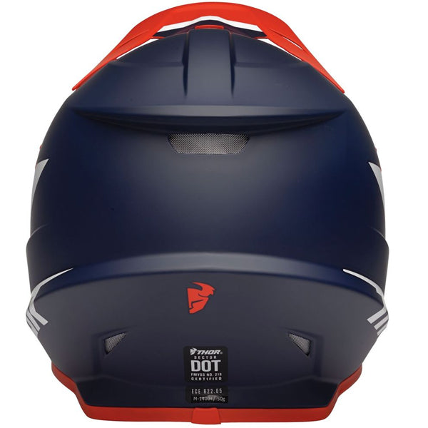 Studio view of Thor - Sector Chev Helmet helmet helmet, in Red and Navy, vented chin bar and intake ports, on a clean white background, (SKU 011073) Colors: Blue and Light Gray, Charcoal and Orange, Gray and Black, Red and Navy Sizes: 2XL, 3XL, 4XL, LG, MD, SM, XL, XS