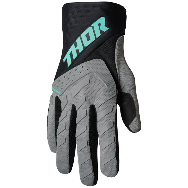 Product image of Thor 22 spectrum glove grey black mint 1 084fa863 d548 487b 9da5 622a5c7d60fc motocross gloves showing fit, construction, and colorway | Available at BTO Sports