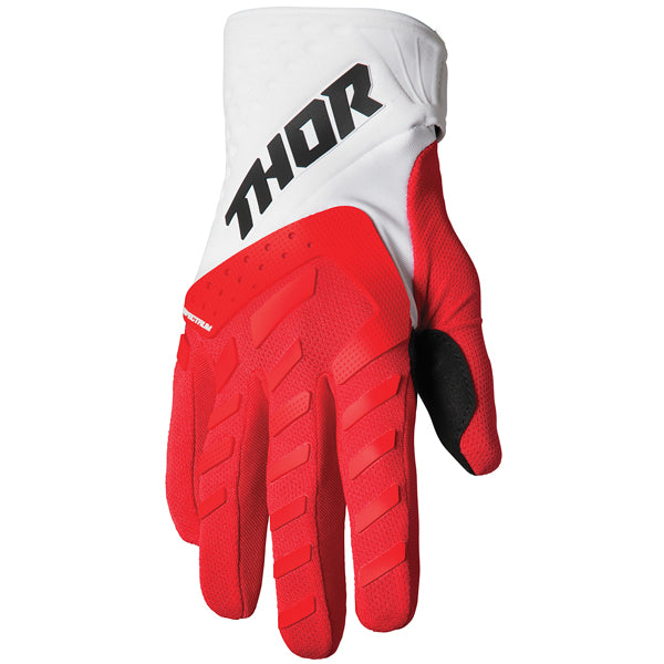 Product image of Thor 22 spectrum glove red white 1 afab0b05 c073 4816 818c 605f7f29261d motocross gloves showing fit, construction, and colorway | Available at BTO Sports