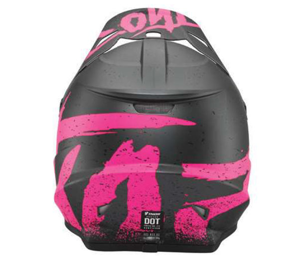 Back view of Thor - Sector Hype Helmet helmet helmet, vented chin bar and intake ports, on a clean white background, (SKU 011055) Colors: Charcoal Pink Sizes: XL