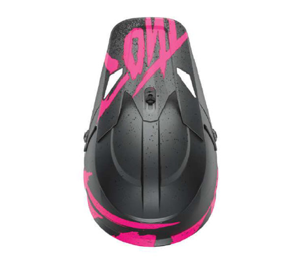 Top view of Thor - Sector Hype Helmet helmet helmet, vented chin bar and intake ports, on a clean white background, (SKU 011055) Colors: Charcoal Pink Sizes: XL