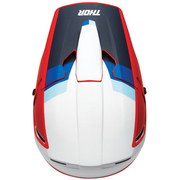 Studio view of Thor - Reflex Apex Helmet helmet helmet, in Red and White and Blue, vented chin bar and intake ports, on a clean white background, (SKU 011068) Colors: Acid and Gray, Red and White and Blue Sizes: 2XL, LG, MD, SM, XL, XS