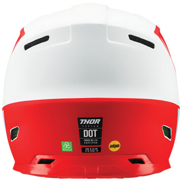 Studio view of Thor - Reflex Apex Helmet helmet helmet, in Red and White and Blue, vented chin bar and intake ports, on a clean white background, (SKU 011068) Colors: Acid and Gray, Red and White and Blue Sizes: 2XL, LG, MD, SM, XL, XS