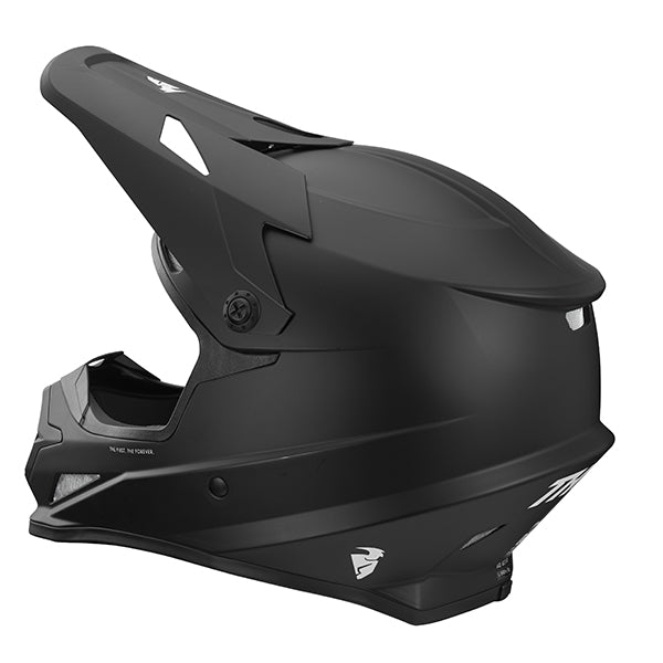 Studio view of Thor - Sector Solid Helmet helmet helmet, in Black, vented chin bar and intake ports, on a clean white background, (SKU 011055) Colors: Black Sizes: 2X, LG, MD, SM, XL, XS