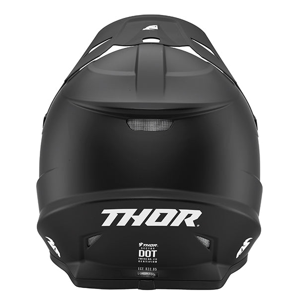 Back view of Thor - Sector Solid Helmet helmet helmet, in Black, vented chin bar and intake ports, on a clean white background, (SKU 011055) Colors: Black Sizes: 2X, LG, MD, SM, XL, XS