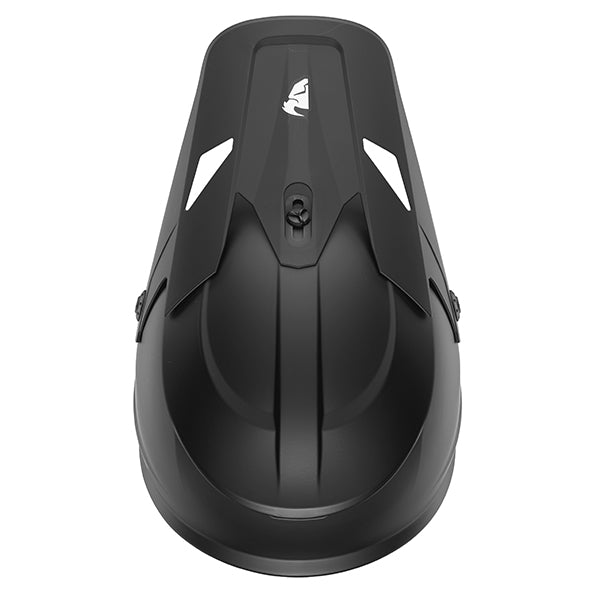 Three-quarter view of Thor - Sector Solid Helmet helmet helmet, in Black, vented chin bar and intake ports, on a clean white background, (SKU 011055) Colors: Black Sizes: 2X, LG, MD, SM, XL, XS