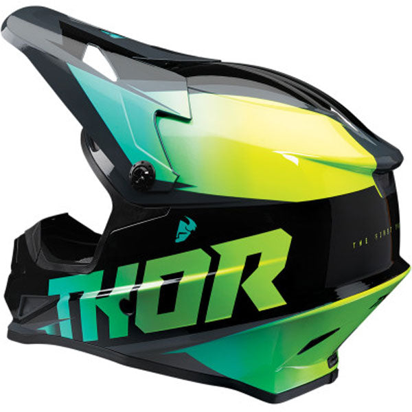 Studio view of Thor - Sector Fader Helmet helmet helmet, in Black and White, vented chin bar and intake ports, on a clean white background, (SKU 011067) Colors: Acid and Teal, Black and White, Blue and Black, Orange and Magenta, Red and Black Sizes: 2XL, 3XL, 4XL, LG, MD, SM, XL, XS