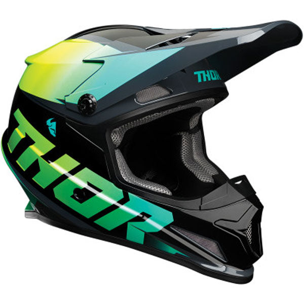 Studio view of Thor - Sector Fader Helmet helmet helmet, in Black and White, vented chin bar and intake ports, on a clean white background, (SKU 011067) Colors: Acid and Teal, Black and White, Blue and Black, Orange and Magenta, Red and Black Sizes: 2XL, 3XL, 4XL, LG, MD, SM, XL, XS