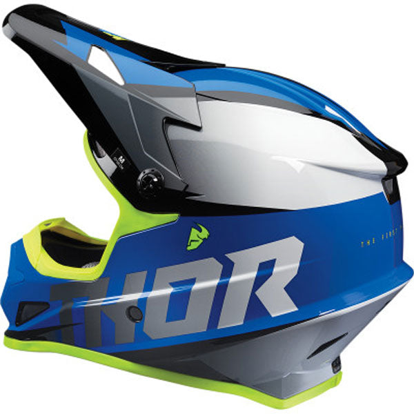 Studio view of Thor - Sector Fader Helmet helmet helmet, in Black and White, vented chin bar and intake ports, on a clean white background, (SKU 011067) Colors: Acid and Teal, Black and White, Blue and Black, Orange and Magenta, Red and Black Sizes: 2XL, 3XL, 4XL, LG, MD, SM, XL, XS