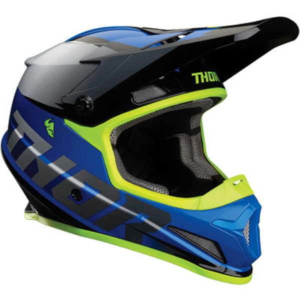 Three-quarter view of Thor - Sector Fader Helmet helmet helmet, in Orange and Magenta, vented chin bar and intake ports, on a clean white background, (SKU 011067) Colors: Acid and Teal, Black and White, Blue and Black, Orange and Magenta, Red and Black Sizes: 2XL, 3XL, 4XL, LG, MD, SM, XL, XS