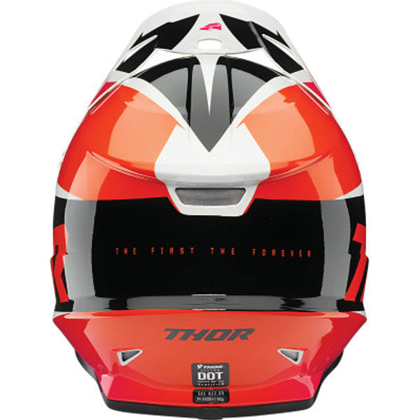Studio view of Thor - Sector Fader Helmet helmet helmet, in Orange and Magenta, vented chin bar and intake ports, on a clean white background, (SKU 011067) Colors: Acid and Teal, Black and White, Blue and Black, Orange and Magenta, Red and Black Sizes: 2XL, 3XL, 4XL, LG, MD, SM, XL, XS