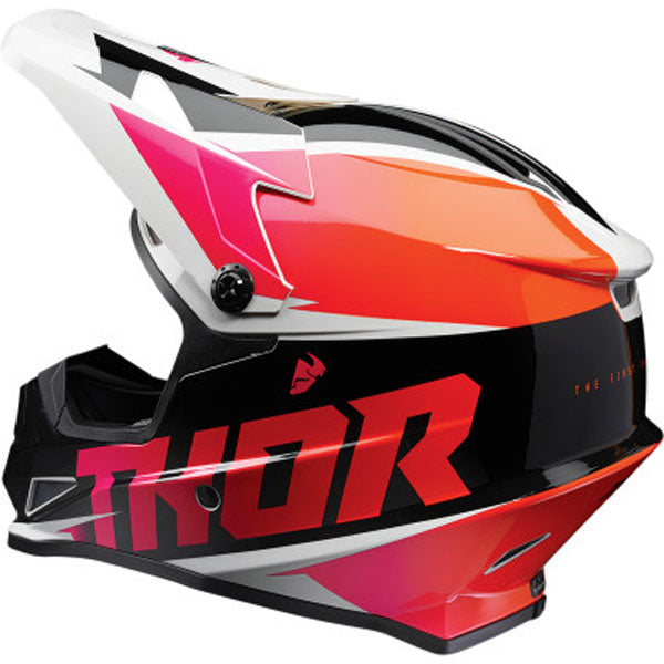 Studio view of Thor - Sector Fader Helmet helmet helmet, in Orange and Magenta, vented chin bar and intake ports, on a clean white background, (SKU 011067) Colors: Acid and Teal, Black and White, Blue and Black, Orange and Magenta, Red and Black Sizes: 2XL, 3XL, 4XL, LG, MD, SM, XL, XS